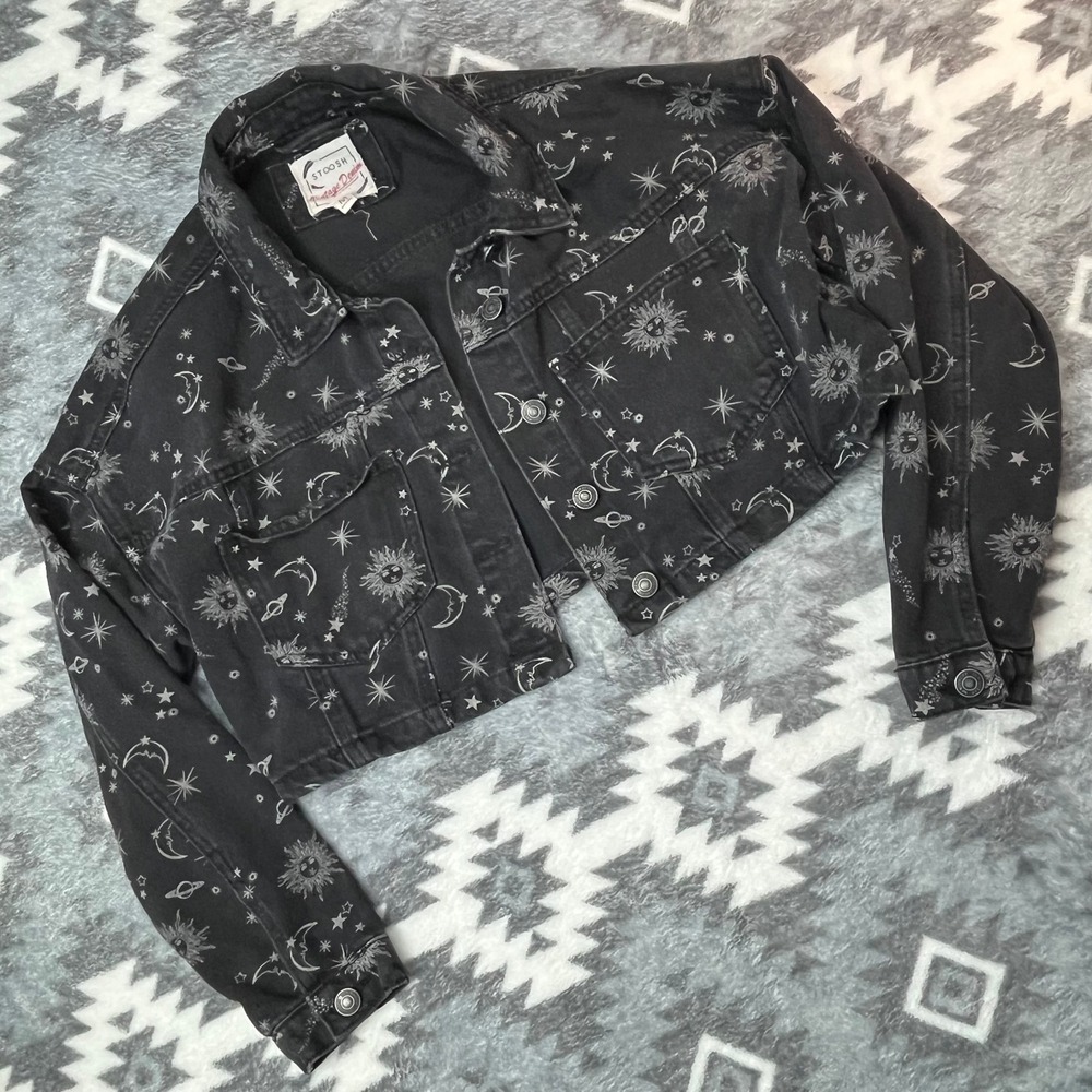 Stoosh Celestial Denim Jacket Black Sun Moon Star Cropped Trucker Whimsigoth